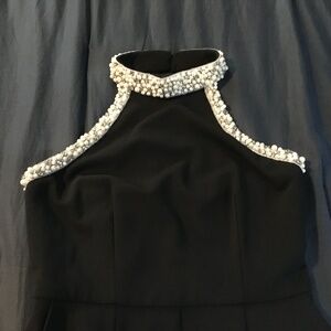Adrianna Papell Women's Black Knit Crepe Beaded Trim Wide Leg Jumpsuit Size 4
